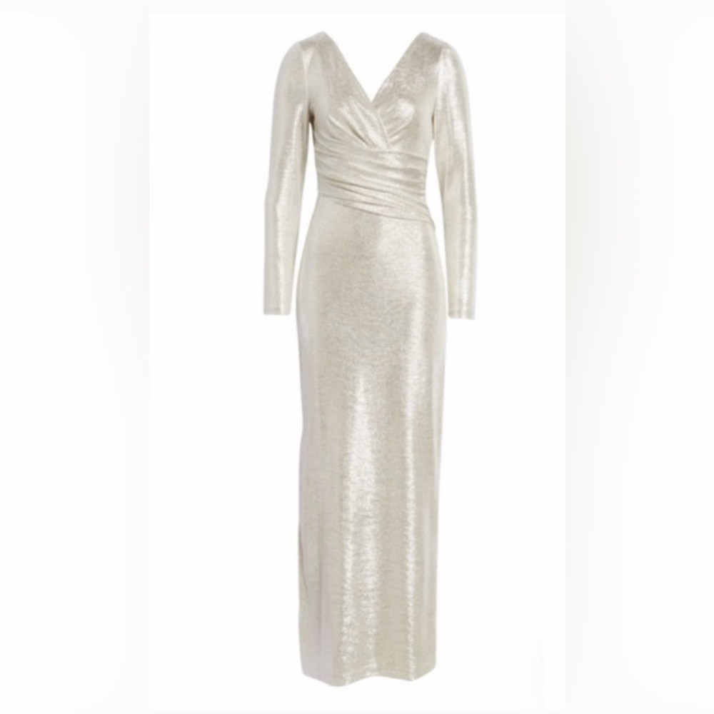 ELIZA J Long Sleeve Maxi Dress Silver Metallic VNeck Ruched Gathered Waist Party